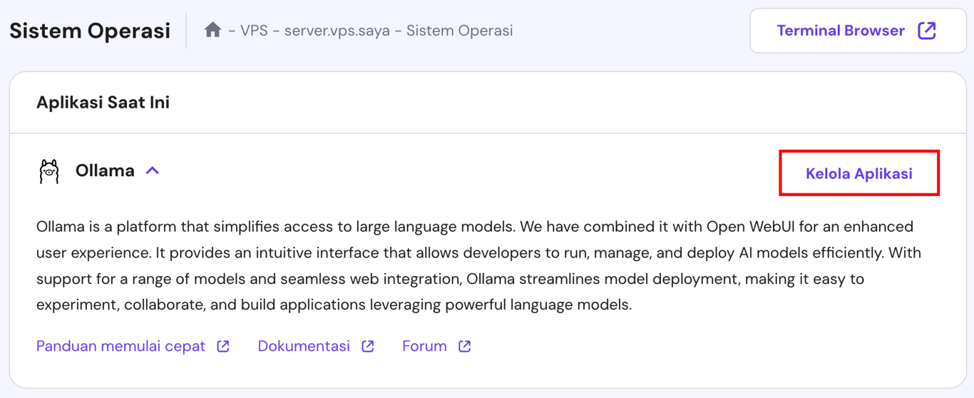 Tombol Kelola Aplikasi di VPS hPanel setelah menginstal template Ollama