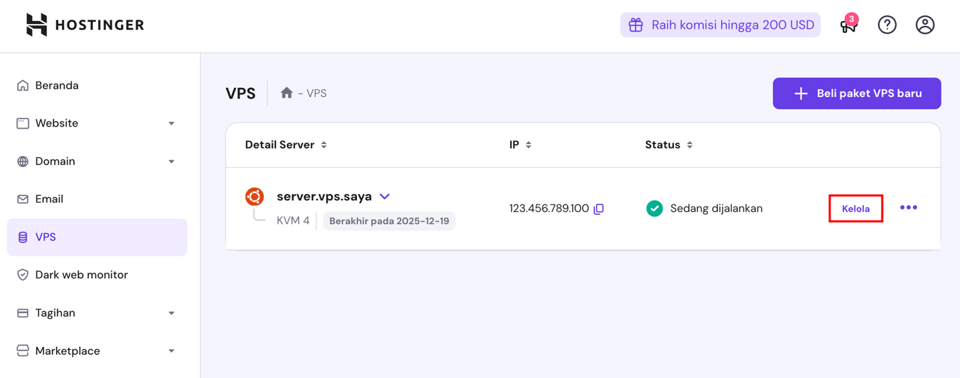 tampilan menu vps kvm 4 di hpanel dengan tombol kelola yang dipilih