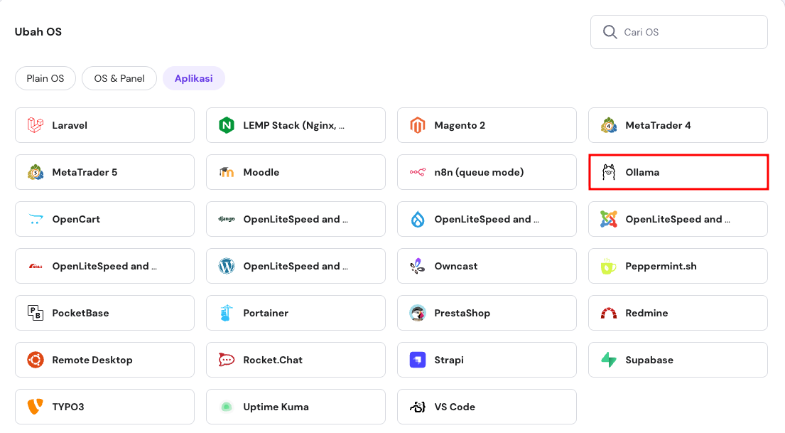 Hostinger menyediakan template siap pakai untuk instal Ollama di VPS Ubuntu
