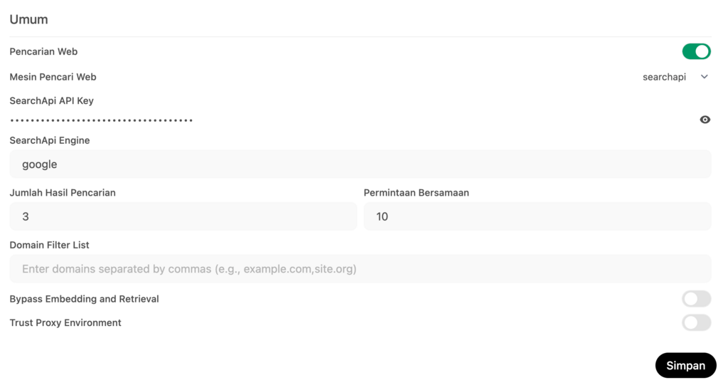 Menu Web Search di panel admin Open WebUI