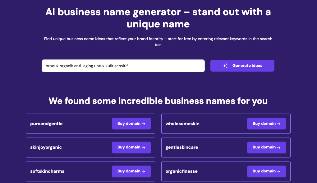 business name generator Hostinger dengan tombol “Generate ideas” dan daftar nama bisnis yang disarankan.