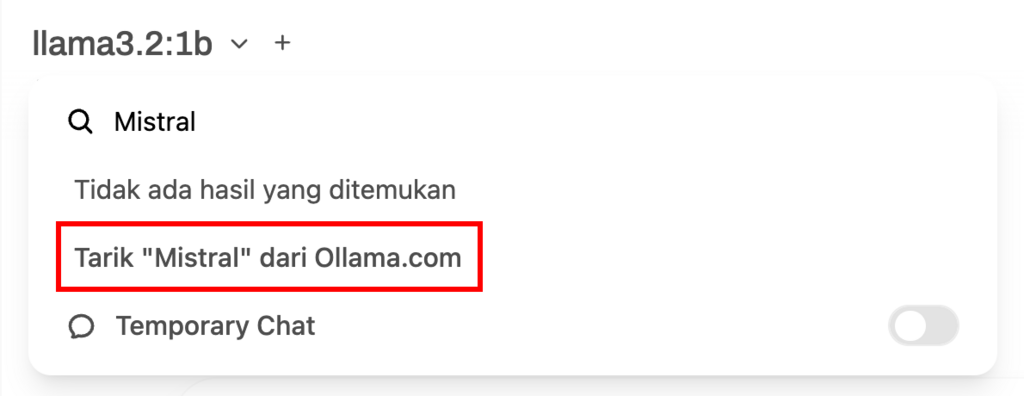 Opsi &ldquo;Tarik [model] dari Ollama.com&rdquo; di panel pemilihan model Open WebUI