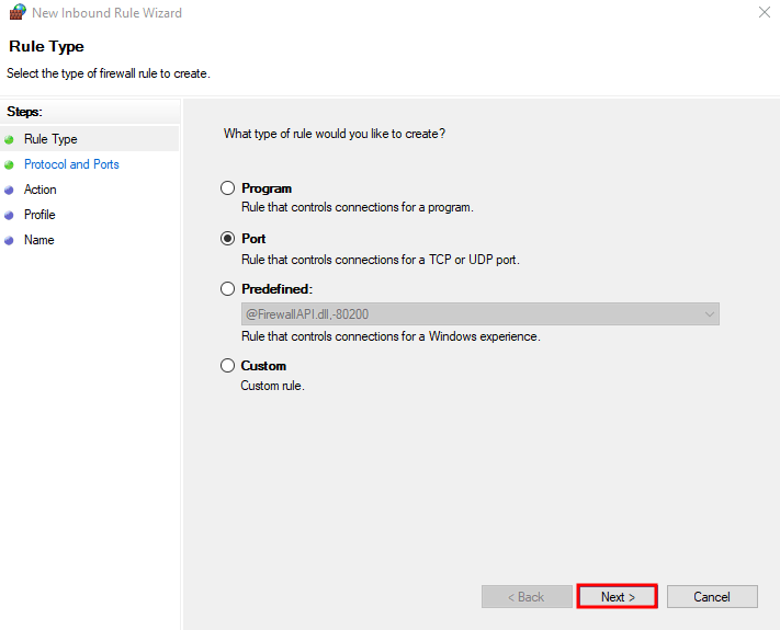Memilih jenis aturan yang akan ditambahkan ke Windows Defender Firewall.