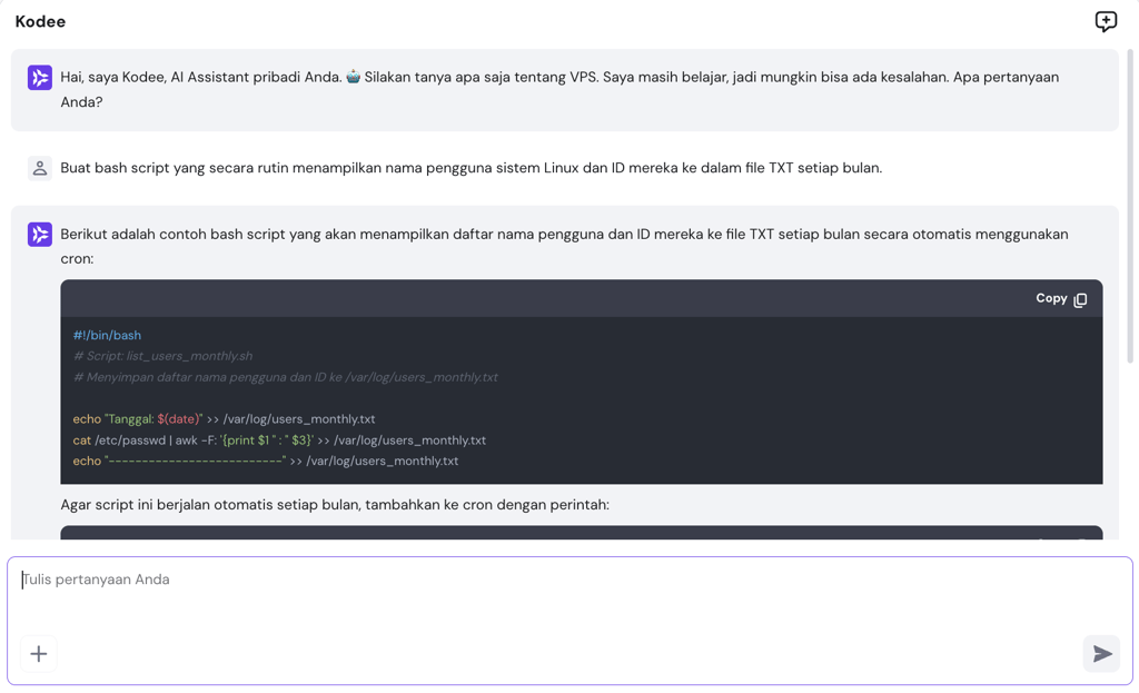 Kodee dari Hostinger menghasilkan Bash script untuk tugas administrasi pengguna