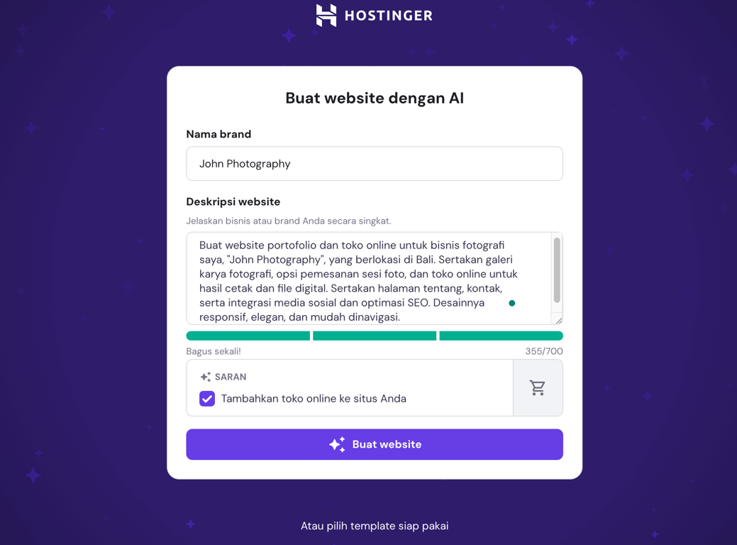 halaman awal ai website builder hostinger untuk memasukkan prompt