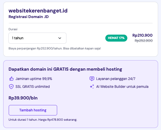 bagian cart hostinger menampilkan domain id gratis dengan paket hosting
