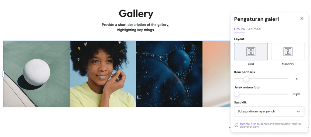 menu pengeditan galeri di website builder hostinger
