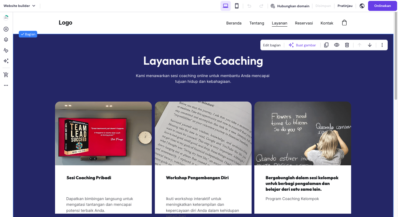 mengedit desain awal website layanan coaching yang dihasilkan website builder hostinger