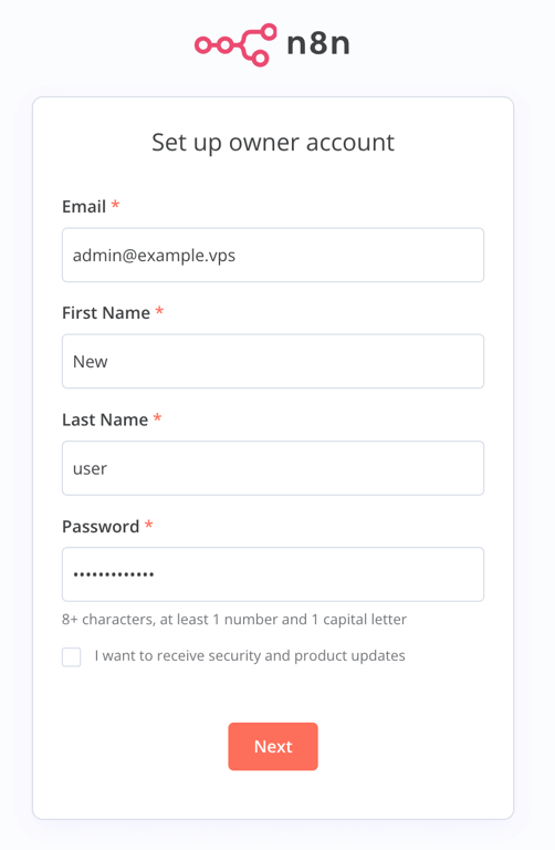Halaman pendaftaran n8n untuk akun pemilik