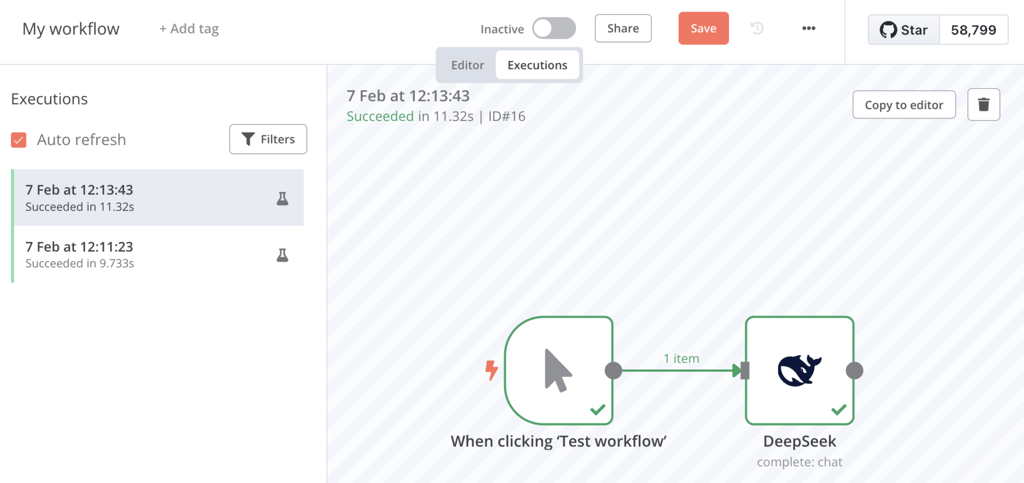 Tab Execution pada editor alur kerja n8n