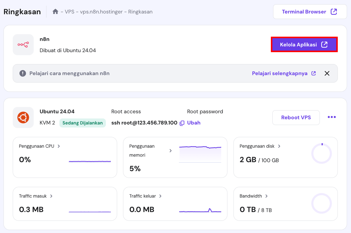 Tombol Kelola Aplikasi di halaman Ringkasan VPS di hPanel