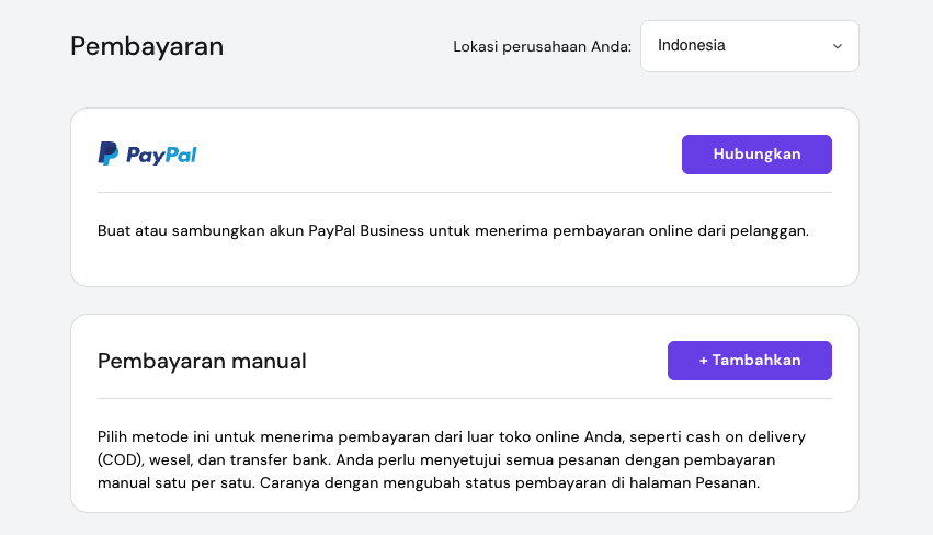 bagian opsi pembayaran toko di website builder hostinger, menampilkan paypal dan COD