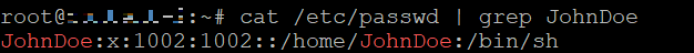 Perintah cat dan grep digunakan untuk mencari baris tertentu dalam file passwd yang mengandung nama pengguna tertentu.