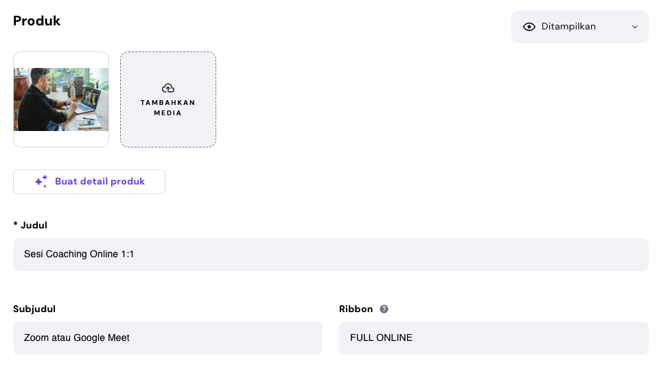 halaman untuk menambahkan produk janji temu di website builder hostinger