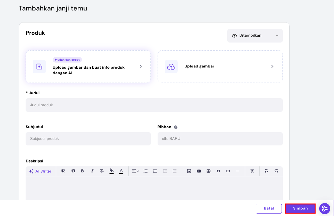 halaman untuk mengisi deskripsi produk janji temu di website builder hostinger
