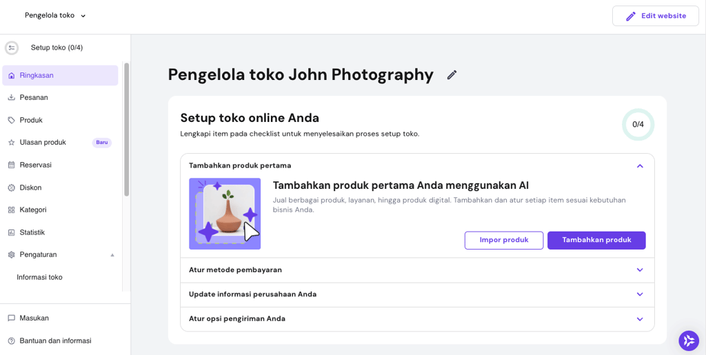 halaman setup awal ai website builder hostinger dengan checklist toko