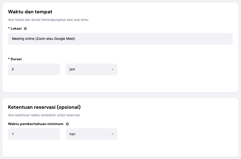 bagian untuk mengatur waktu, tempat, dan ketentuan reservasi di website builder hostinger