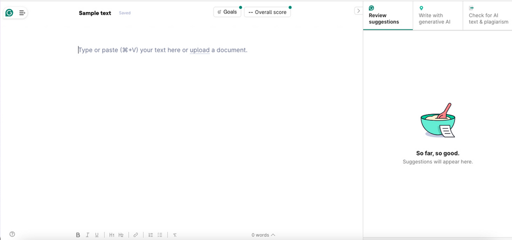 halaman editor teks grammarly menampilkan tool cek grammar