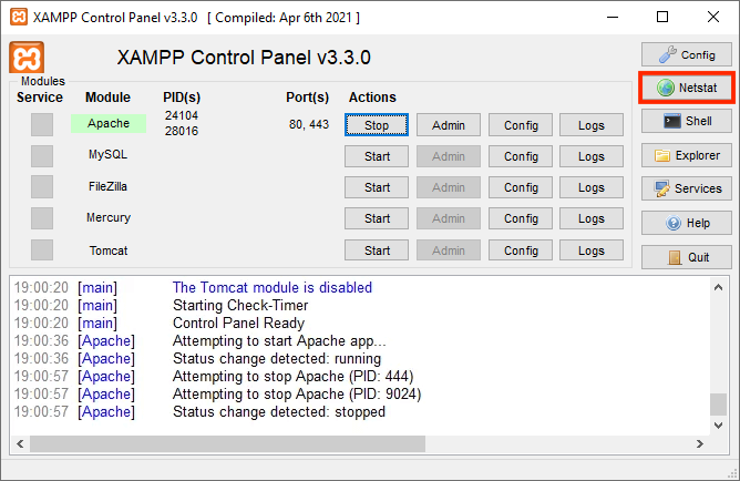 memilih tombol netstat di xampp