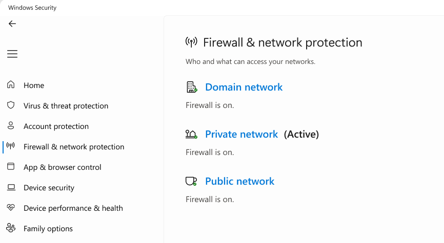 pengaturan firewall windows menampilkan jaringan yang tersambung