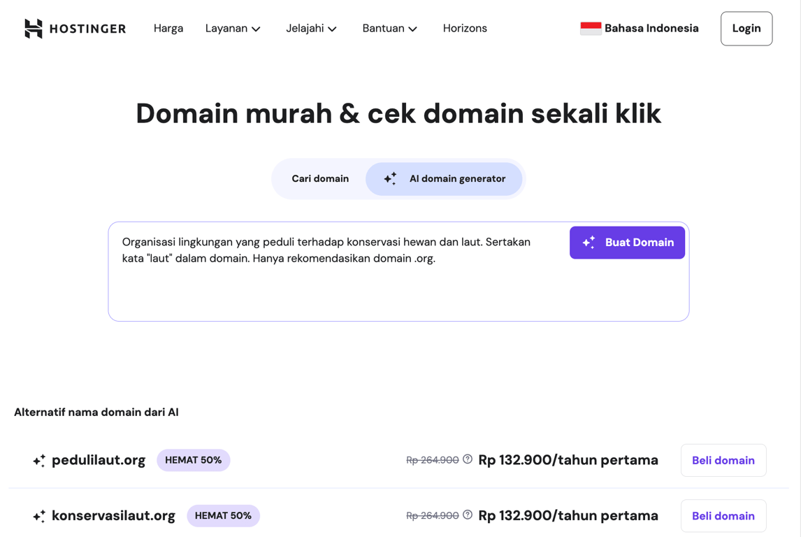 Tool pencarian domain Hostinger yang didukung AI, menampilkan domain yang tersedia berdasarkan permintaan