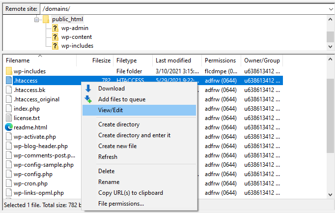 Memilih untuk Melihat/Mengedit file .htaccess di FileZilla.