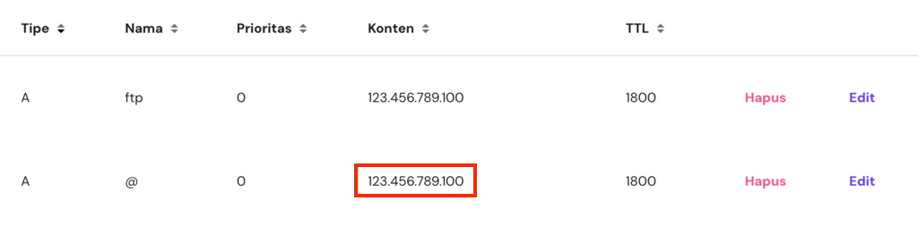 tampilan a record di hpanel dengan alamat ip yang disorot