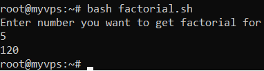 Command-line menampilkan skrip shell untuk menghitung faktorial suatu bilangan.