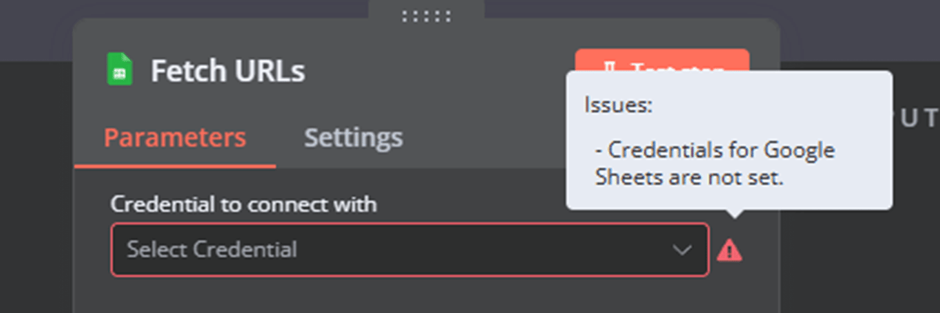 Error kredensial tidak ditemukan ditampilkan untuk node Fetch URLs.