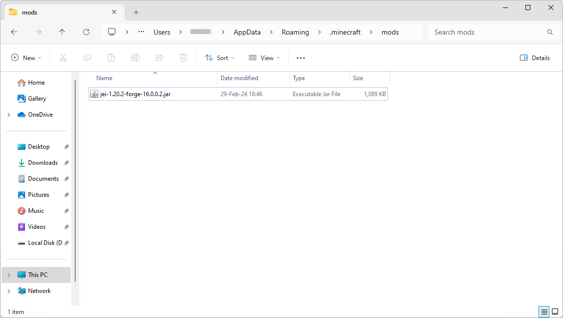Folder mods di direktori penginstalan Minecraft Windows
