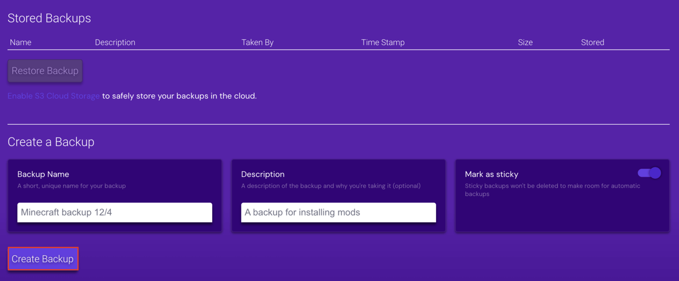 Tombol Create Backup di Game Panel