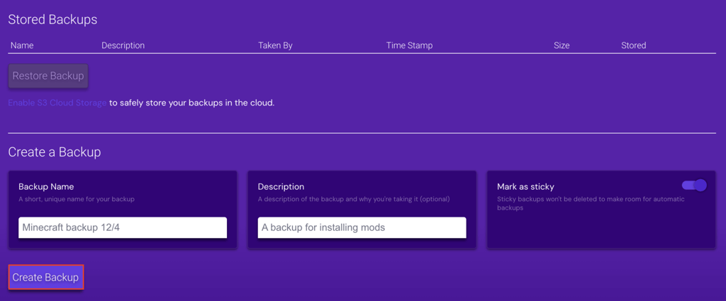 Tombol Create Backup di Game Panel