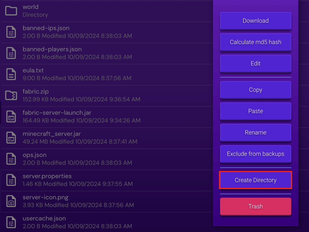 Tombol Create Directory di File Manager Game Panel
