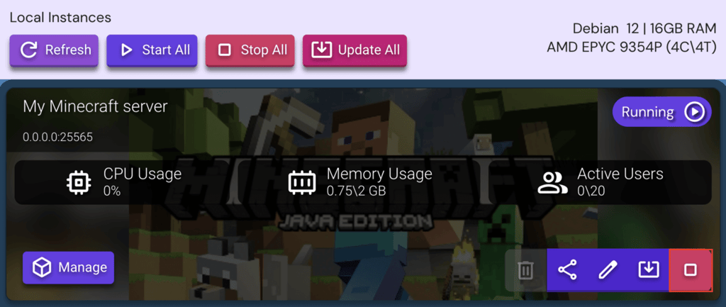 Tombol Stop Instance di Game Panel