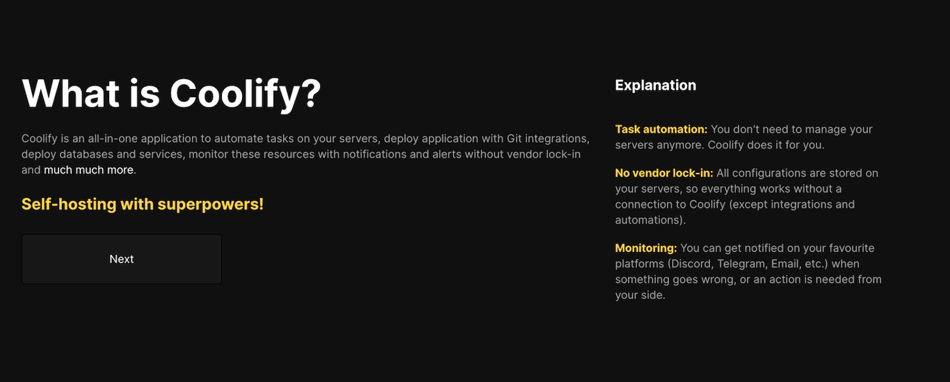 Halaman Onboarding Coolify