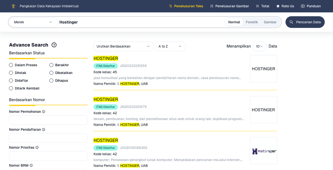 Hasil nama Hostinger sebagai merek dagang di website PDKI