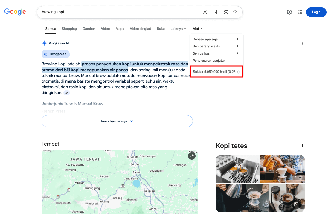 Hasil pencarian kata kunci brewing kopi di SERP Google