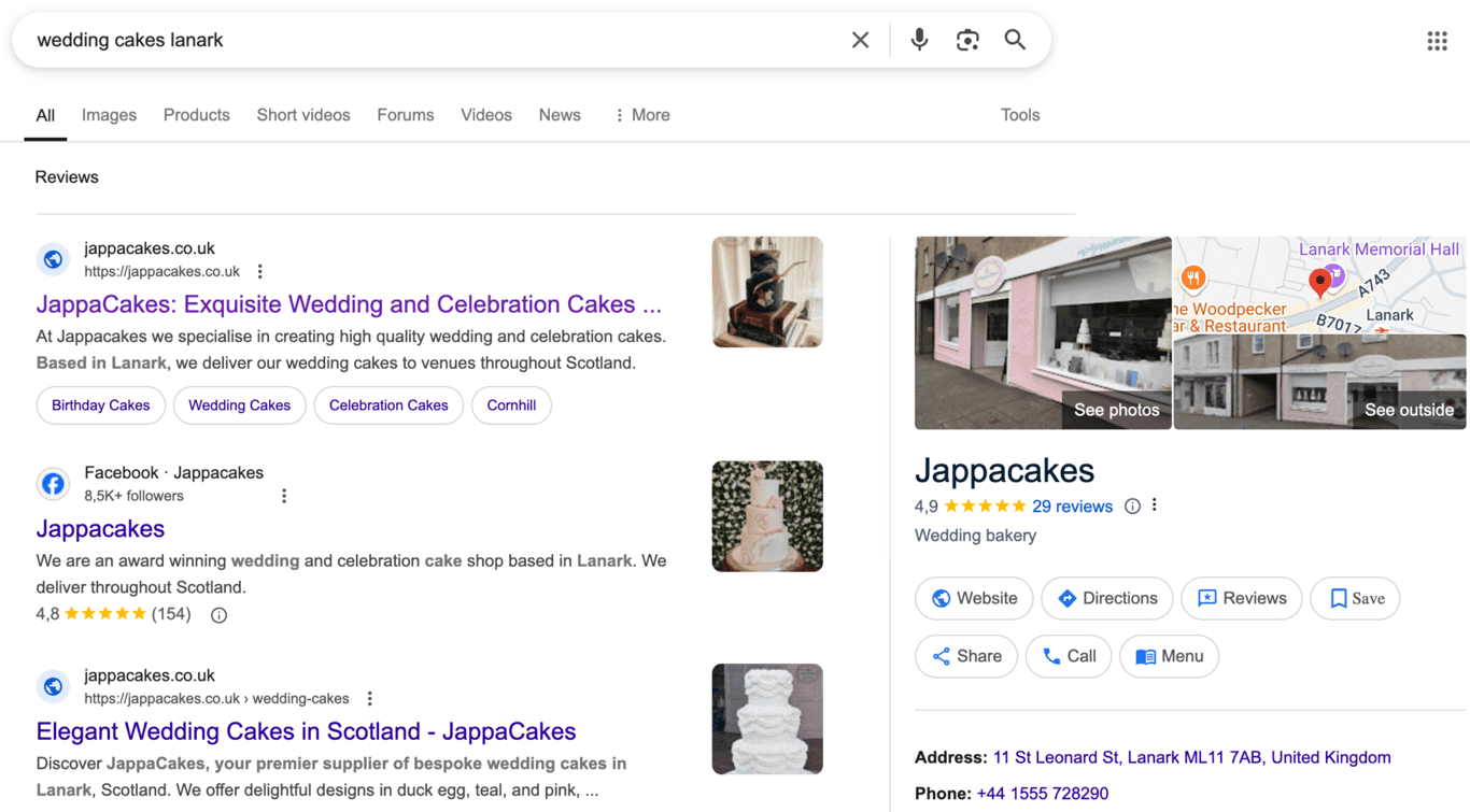 Hasil SEO di Google untuk kata kunci "wedding cake Lanark"