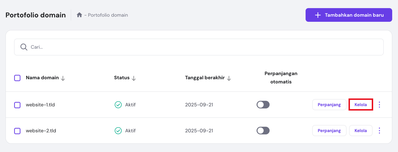 tampilan menu domain di hpanel dengan menu kelola yang dipilih