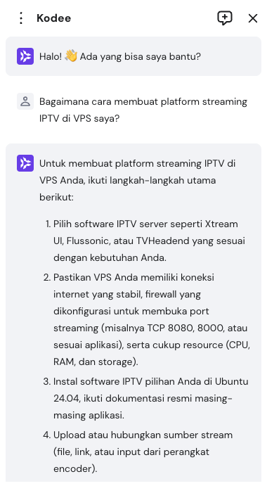 Kodee AI Assistant menghasilkan instruksi untuk membuat platform streaming IPTV.