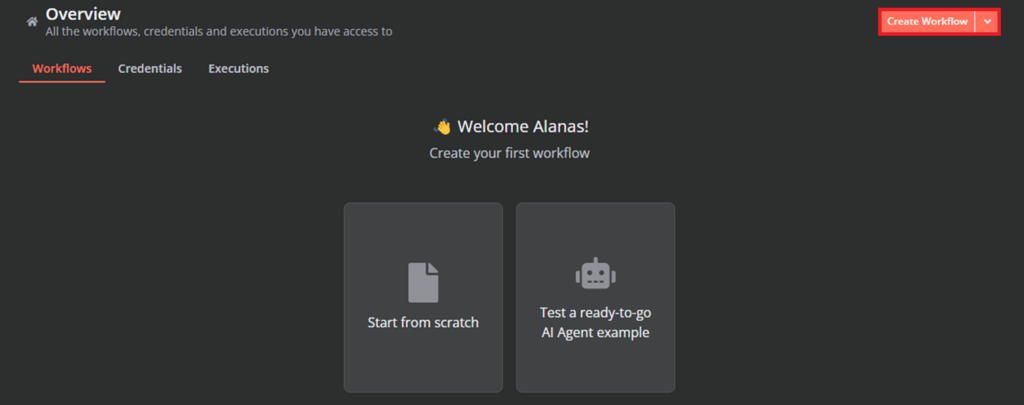 Halaman ringkasan instance n8n dengan opsi “Create Workflow” yang ditandai.