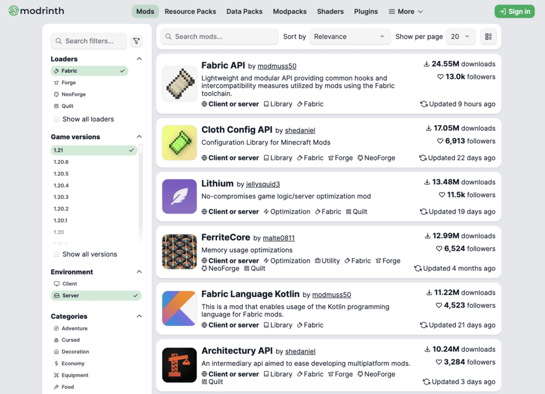 Koleksi mod di Modrinth