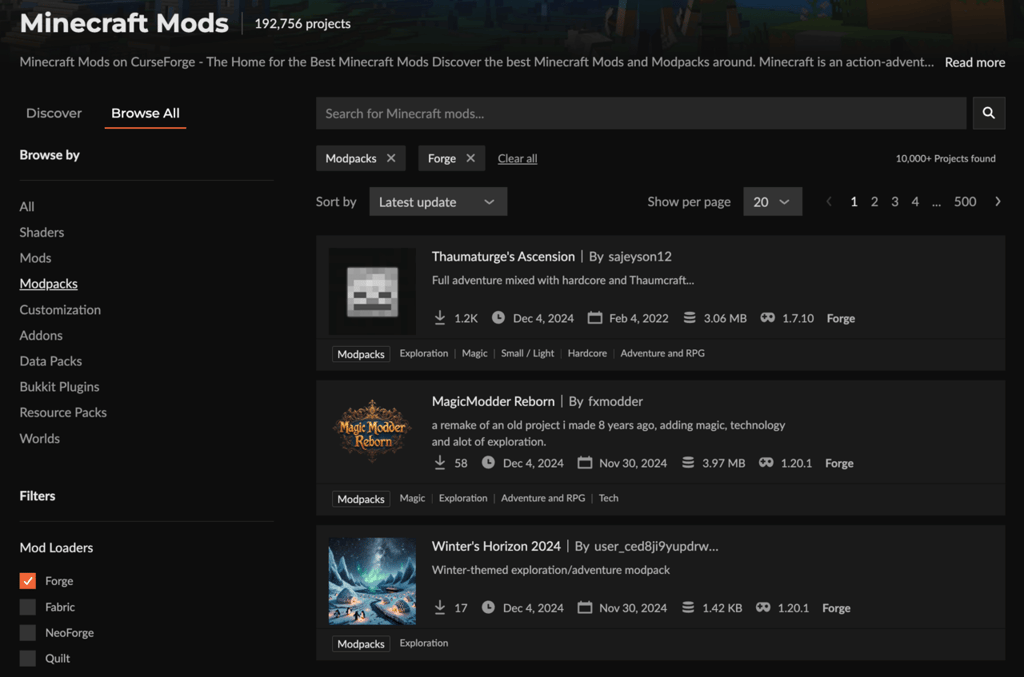 Koleksi modpack di CurseForge