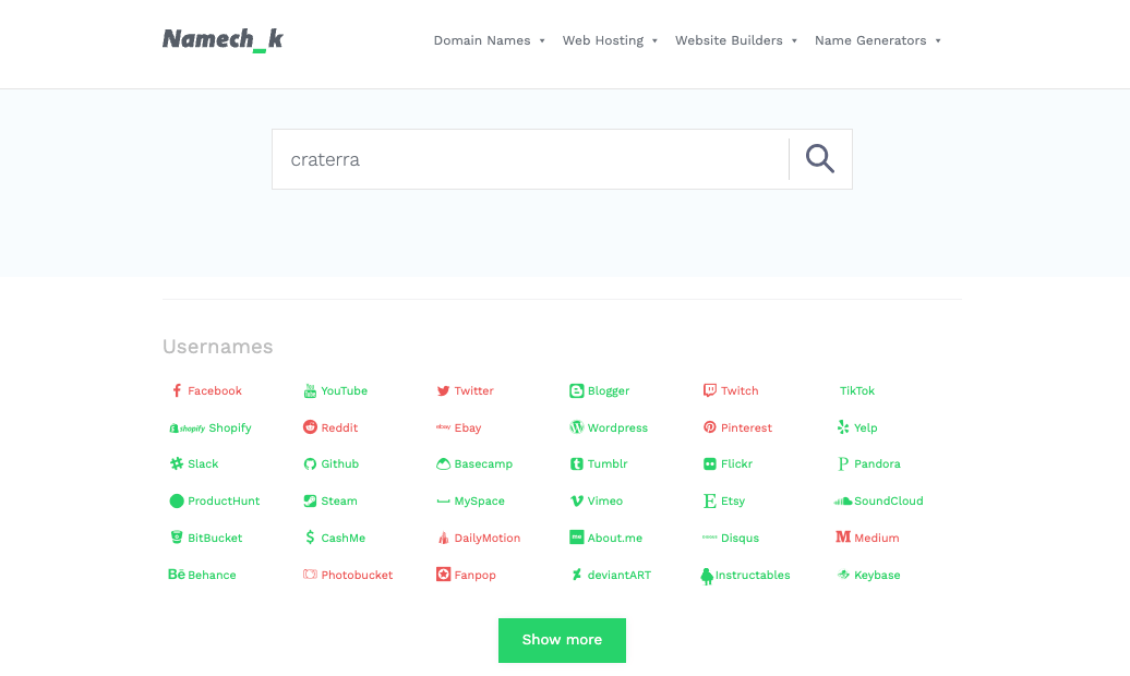 Hasil pencarian Namechk