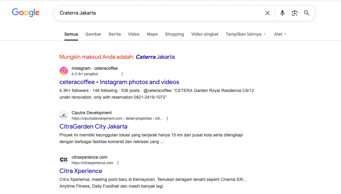 Hasil pencarian nama bisnis di Google