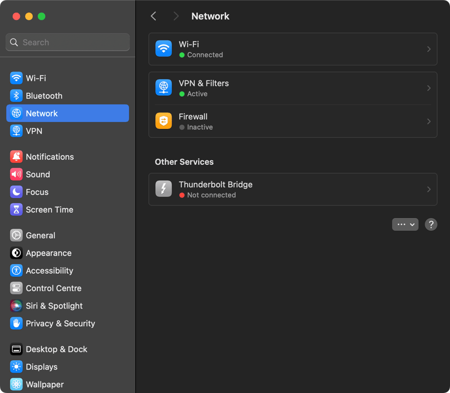 Pengaturan sistem di macOS dengan tombol Network yang ditandai
