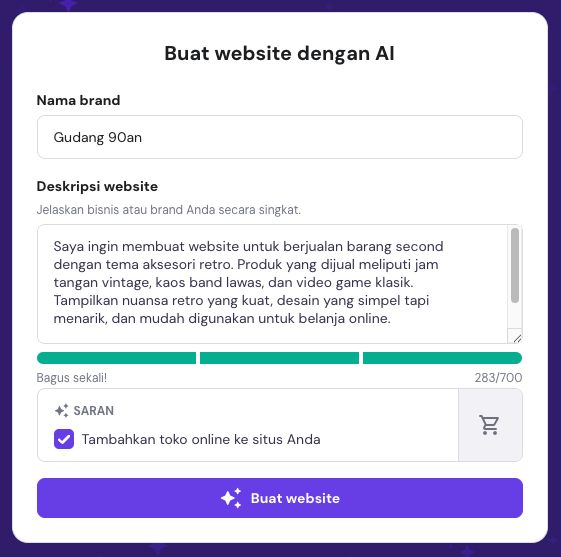 Contoh prompt untuk membuat website bisnis thrifting online menggunakan Website Builder Hostinger