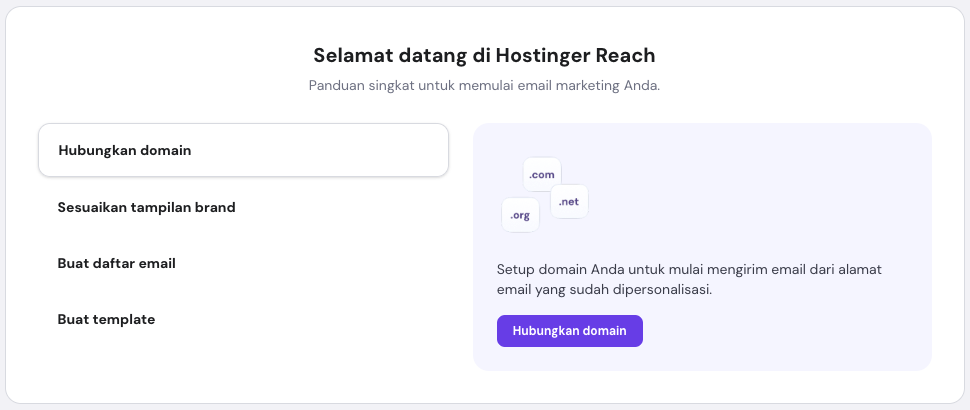Dashboard Hostinger Reach menampilkan pesan sambutan dan checklist setup