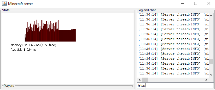 Server Minecraft yang sedang berjalan dengan perintah /stop yang telah diketik