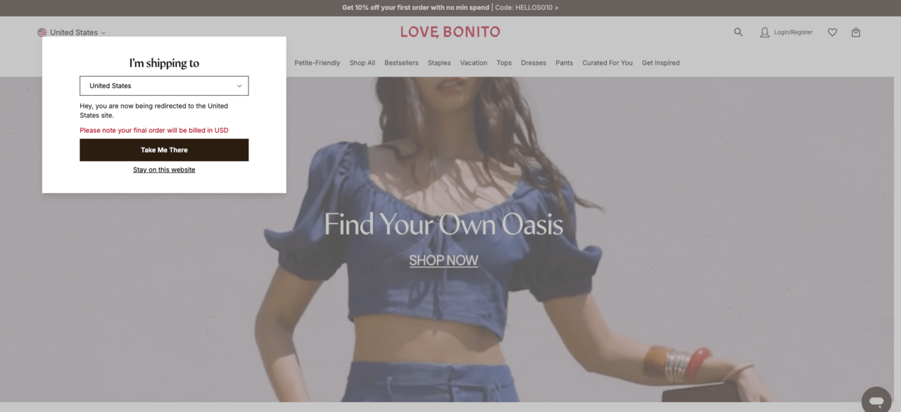 splash page website love, bonito menampilkan pilihan lokasi